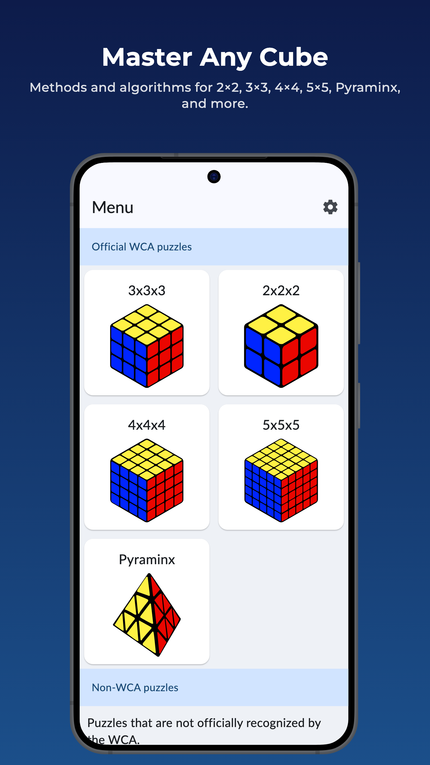CubeGuide main menu showing cube puzzle choices